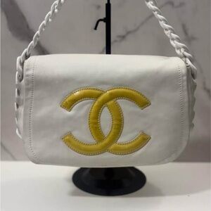 Chanel White Shoulder Bag with Yellow Logo-authentic $1900 OBO